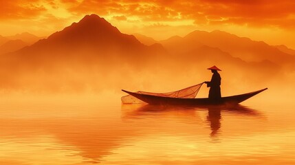Fisherman at Sunrise on Calm Water Surrounded by Mountains and Vibrant Orange Sky