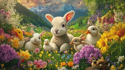 Spring rain brings joyful animals to vibrant flower fields nature background colorful scene seasonal delight