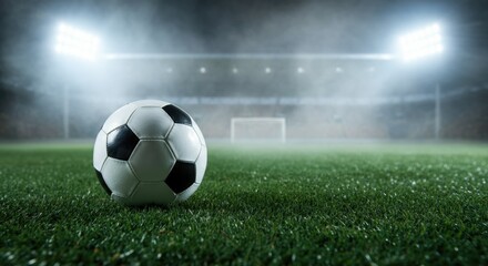 A soccer ball rests on a grassy field under stadium lights. The background features a hazy atmosphere, creating a dramatic sports scene. The image captures the essence of soccer.
