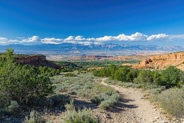 Obraz premium Rugged mountain canyon scenery with hiking trail winding through stratified cliffs under cerulean atmosphere. Sustainable ecotourism and adventure branding themes.