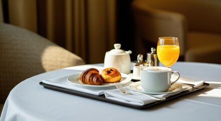 A breakfast tray is placed on a white tablecloth. A cup of coffee sits next to a croissant and a Danish pastry. A glass of orange juice adds a vibrant color.