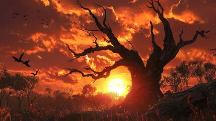 Fiery Sunset Over Ancient Tree