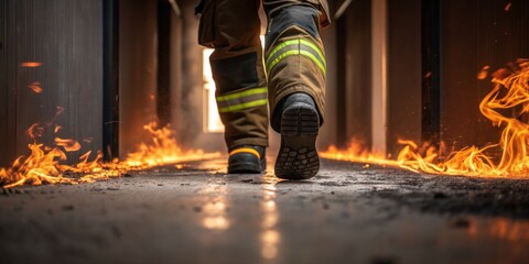 Firefighter walks through a burning corridor in emergency situation