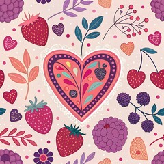 Colorful heart and berry pattern design digital art vibrant background playful theme top-down view decorative elements
