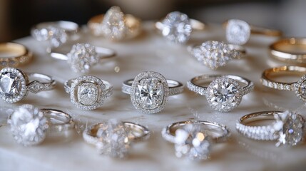 Elegant Diamond Rings Displayed On Marble Surface