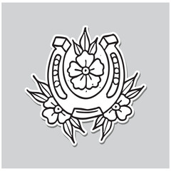 Line old school design of horseshoe with flowers, Vector illustration