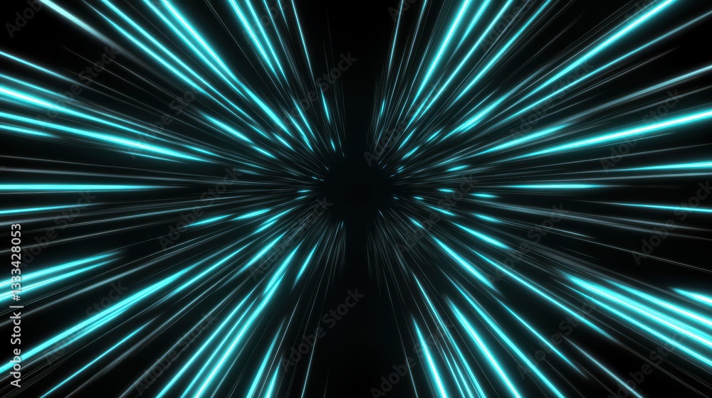 Poster abstract light speed background with blue glowing lines radiating outward, creating sense of motion 