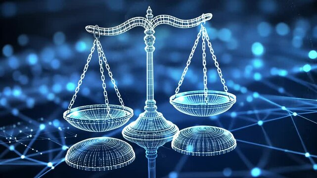 Futuristic Digital Justice: Abstract Scales of Justice with Network Connection