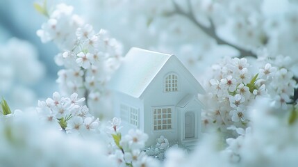 Tiny White Toy House Nestled Among Delicate Blossoms and Springtime Beauty