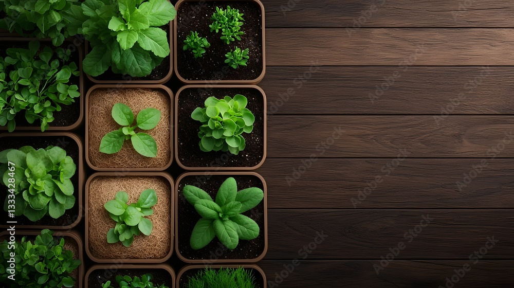 Poster an abundant array of peat seed starting trays featuring a diverse collection of tender sprouting pla
