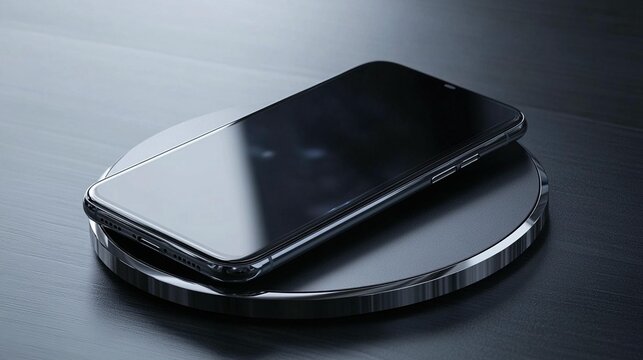 Sleek black smartphone wirelessly charging on a circular pad.