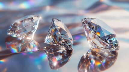 Three Sparkling Diamonds on Iridescent Surface