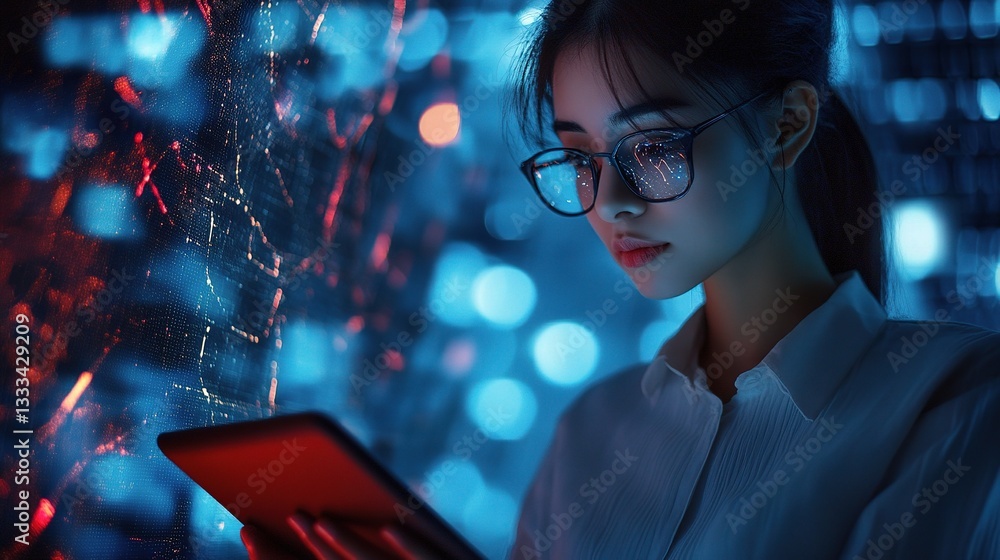Poster woman using tablet computer in digital environment with data visuals