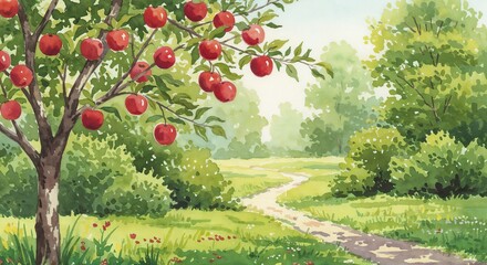 Watercolor landscape with apple tree and red fruit on a sunny path through a lush green meadow