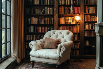 Chair in front of a bookcase with colorful books, plants, and a small lamp. Cozy reading nook with natural light coming through the window.