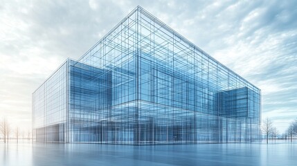 3D rendering of a building's wireframe structure