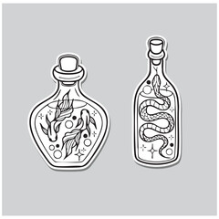 Mystical Jar Set Of Yin Yang and Snake. Outline Style.