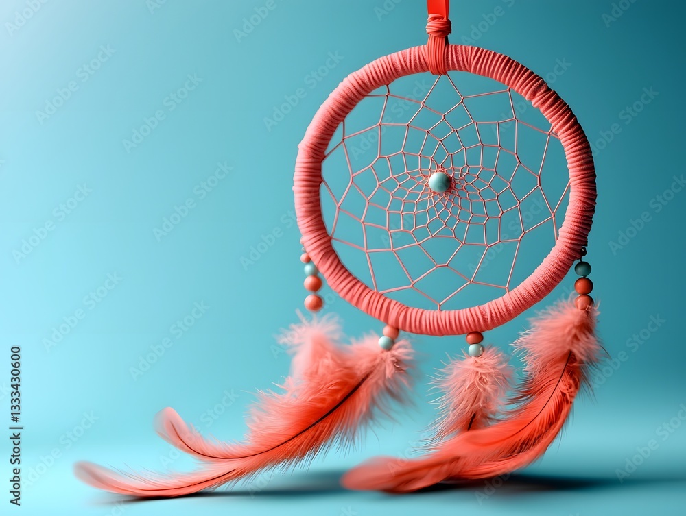 Poster artful dreamcatcher adorned with a soft pink ribbon embodying the essence of renewal and intricate w