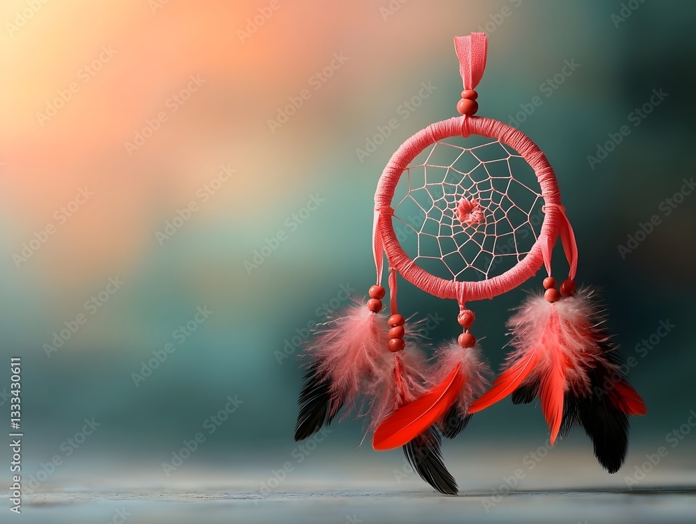 Poster artful dreamcatcher adorned with a soft pink ribbon embodying the essence of renewal and intricate w