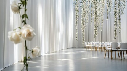 A serene indoor space featuring white drapes, hanging flowers, and minimalistic chairs, creating a peaceful ambiance.