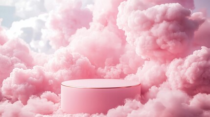 A dreamy scene featuring a pink podium surrounded by fluffy pink clouds, evoking a whimsical and surreal atmosphere.