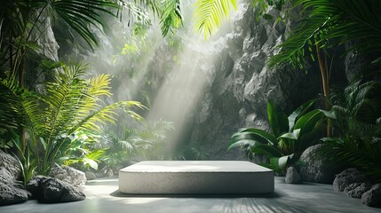 A serene, sunlit space surrounded by lush greenery, featuring a simple white platform amidst the vibrant foliage.
