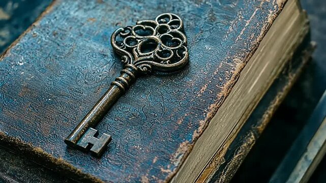 A decorative antique key lies on a worn, aged, blue-leather-bound open book.