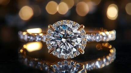 Fototapeta premium Sparkling diamond ring with halo setting on dark reflective surface.