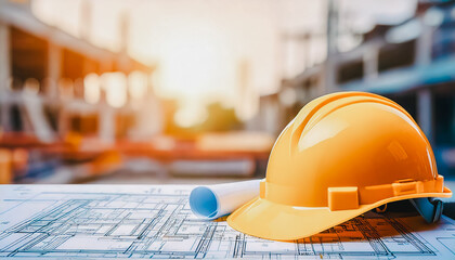 yellow helmet with blueprint on white background with blurred construction background. Flat lay composition with blueprint and helmet.