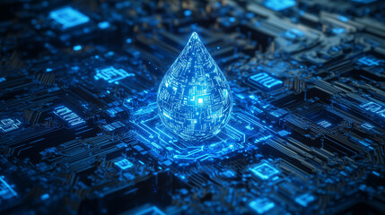 Futuristic digital water droplet glowing on a high-tech circuit board, symbolizing technology, sustainability, and innovation in artificial intelligence.

