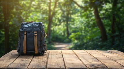 Fototapeta premium Rustic Wooden Table with Backpack in Blurred Green Nature Background
