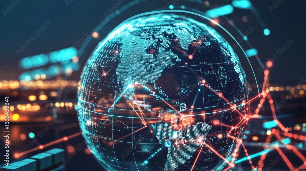 Poster 3d global supply chain icon with network connections and data visualization