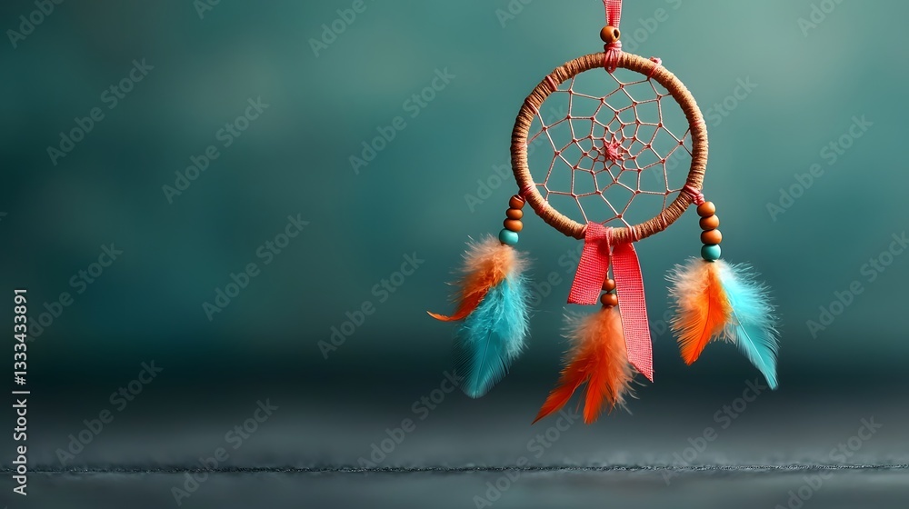 Poster artisanal dreamcatcher with a delicate pink ribbon symbolizing the path to inner harmony detailed wo
