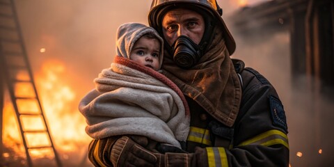 Firefighter rescues child from burning building amid flames and smoke during emergency situation in urban area