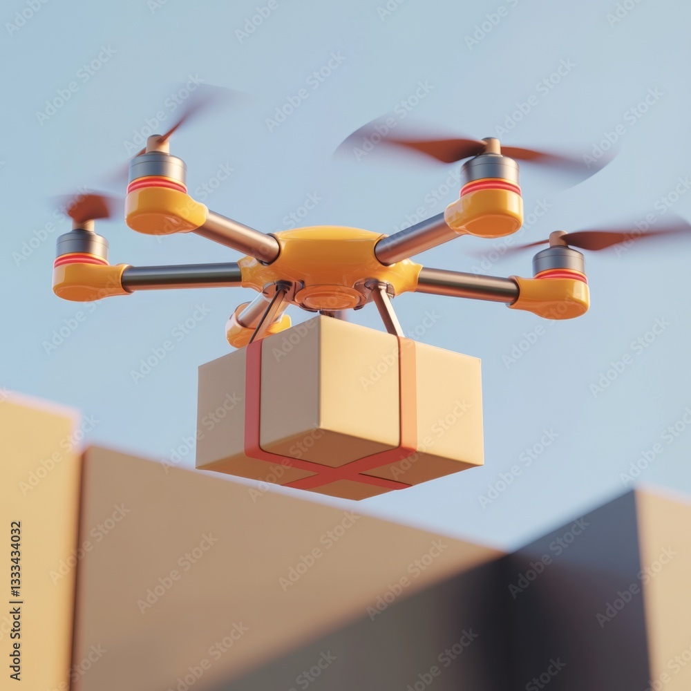 Poster a clean 3d render of a drone delivering a package in a vibrant setting