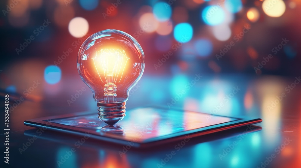 Poster modern 3d render of glowing idea light bulb on a table