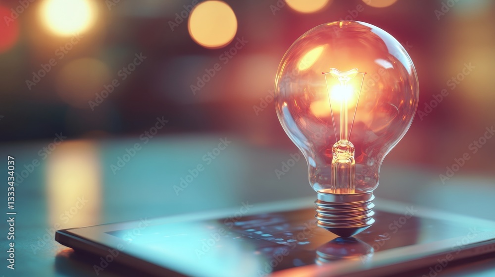 Aufkleber modern 3d render of a glowing light bulb with soft background effects