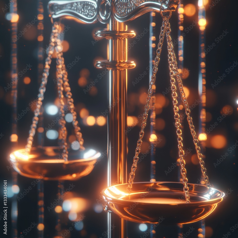 Poster close-up 3d render of balance scale with one side illuminated