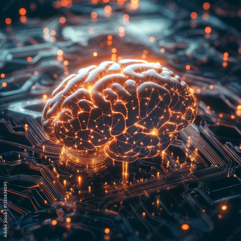 Poster glowing 3d brain icon surrounded by circuit patterns and lights