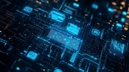 Fototapeta premium Dark themed cyber matrix background glowing blue hacking symbols data encryption layers and futuristic firewall protection codes