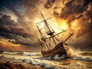 Obraz premium Vintage Photo of a Sinking Ship in a Stormy Sea