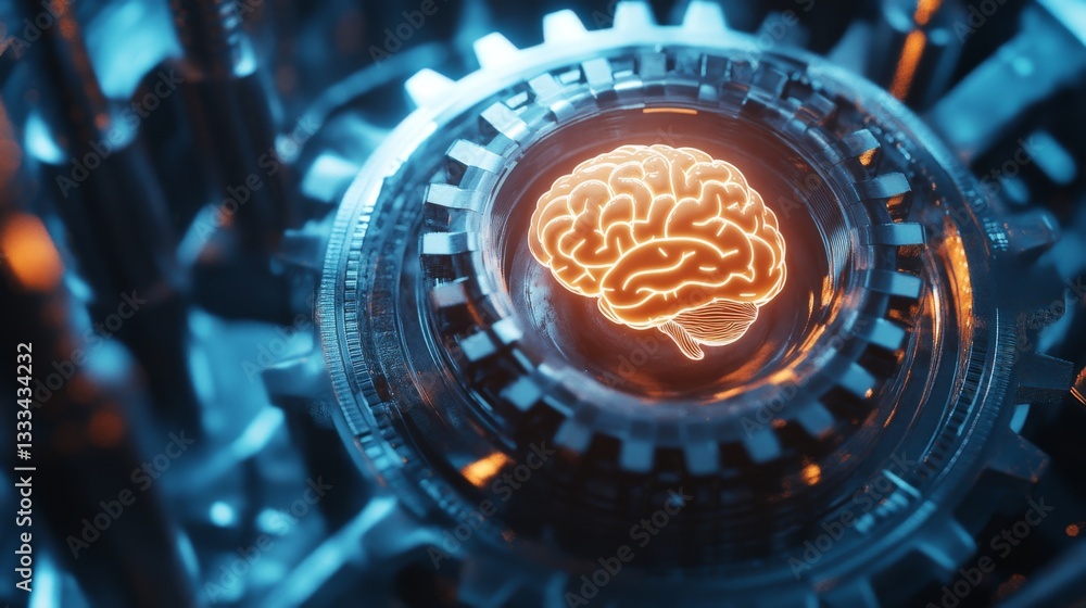 Aufkleber 3d conceptual representation of rotating gear with brain visualization