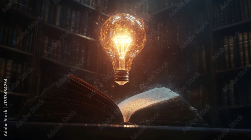 Aufkleber glowing lightbulb above open book in conceptual 3d scene
