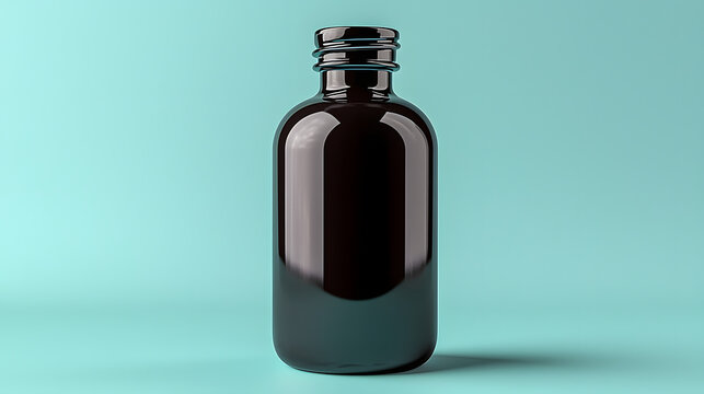 Elegant Amber Bottle on Cyan: An elegantly designed amber bottle with a smooth, reflective surface sits against a soft cyan backdrop, suggesting a sense of purity and refinement.