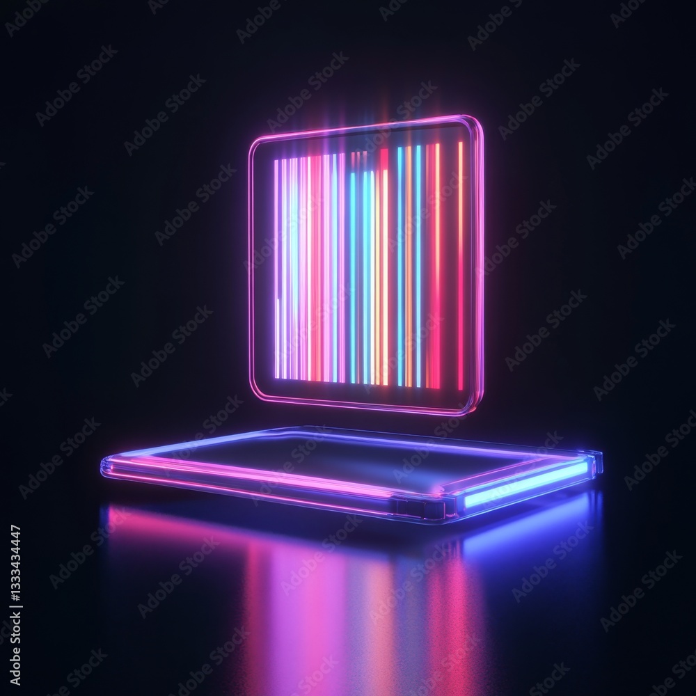 Poster 3d digital floating barcode with scanning effect on dark background