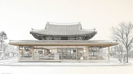 Obraz premium Traditional Asian Architecture with Modern Café Design and Open Space in Urban Setting