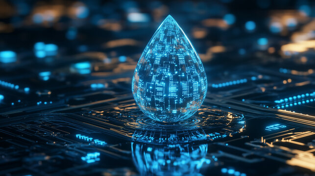 Futuristic digital water droplet glowing on a high-tech circuit board, symbolizing technology, sustainability, and innovation in artificial intelligence.
