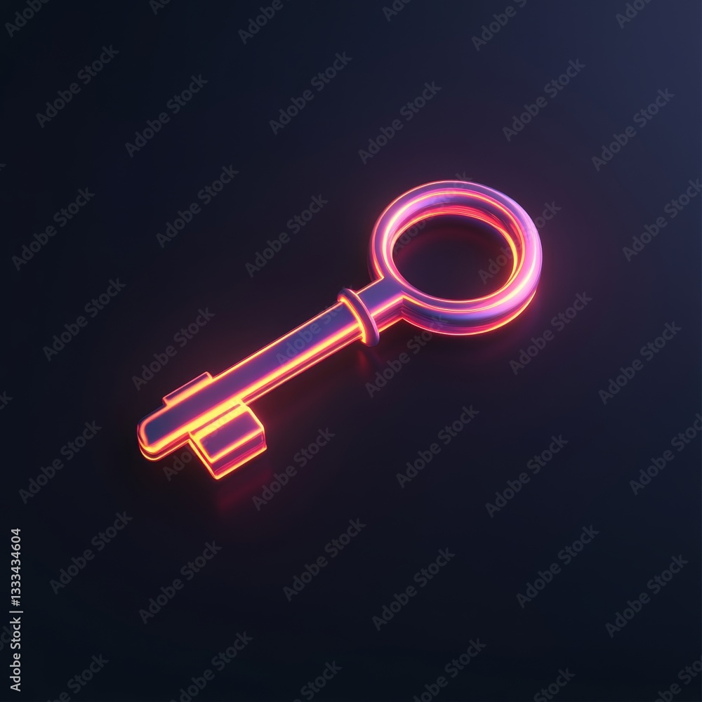 Poster glowing 3d icon of a floating key symbol on dark background