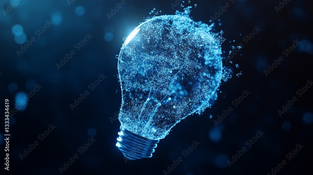 Poster futuristic floating 3d icon of a lightbulb made of particles