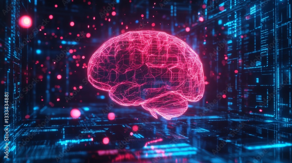 Poster futuristic 3d neon wireframe brain render with glowing elements